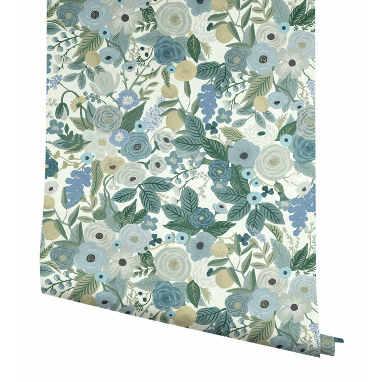 Floral Blues and Greens Non-pasted Washable Wallpaper Roll