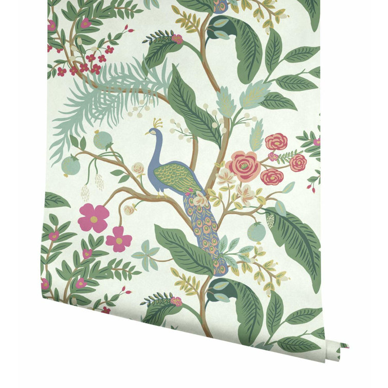 Emerald Peacock & Floral 27' x 27" Chinoiserie Wallpaper Roll