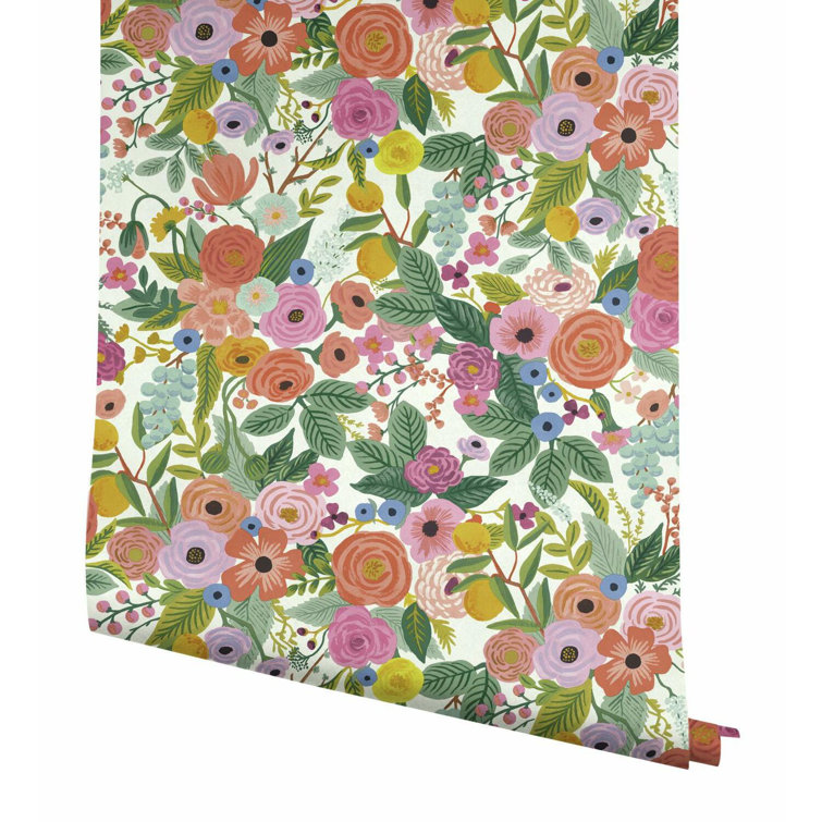 Garden Party Coral Orange Floral & Fruit Wallpaper Roll 27'x27"