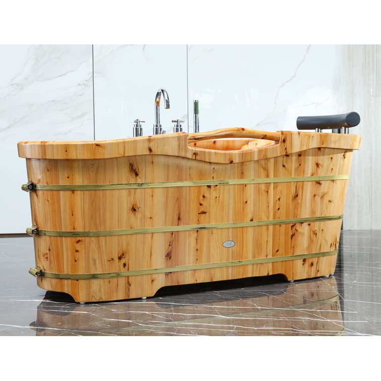 61'' Natural Cedar Freestanding Soaking Bathtub with Chrome Faucet