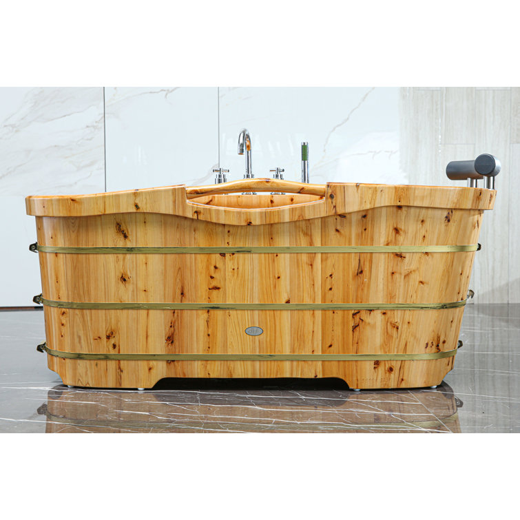 61'' Natural Cedar Freestanding Soaking Bathtub with Chrome Faucet