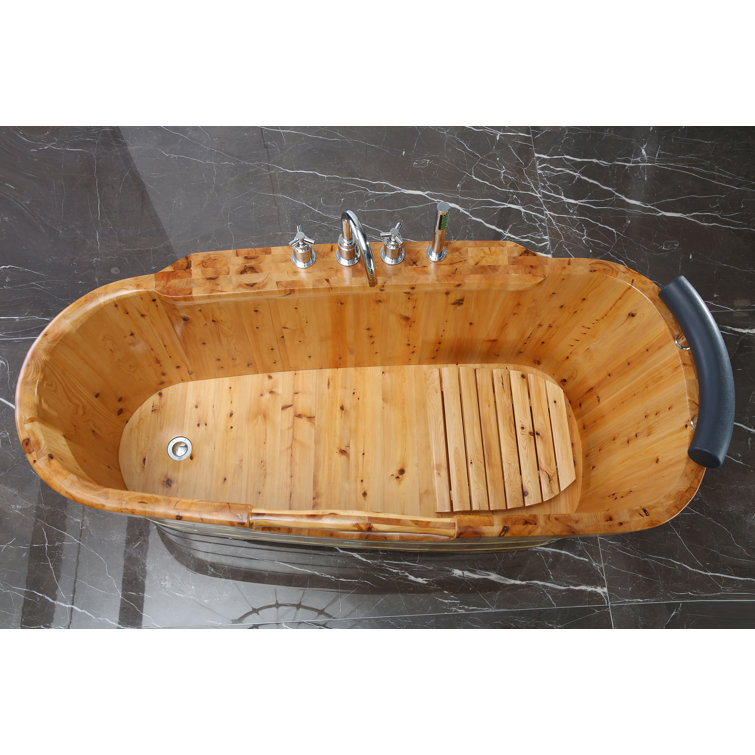 61'' Natural Cedar Freestanding Soaking Bathtub with Chrome Faucet