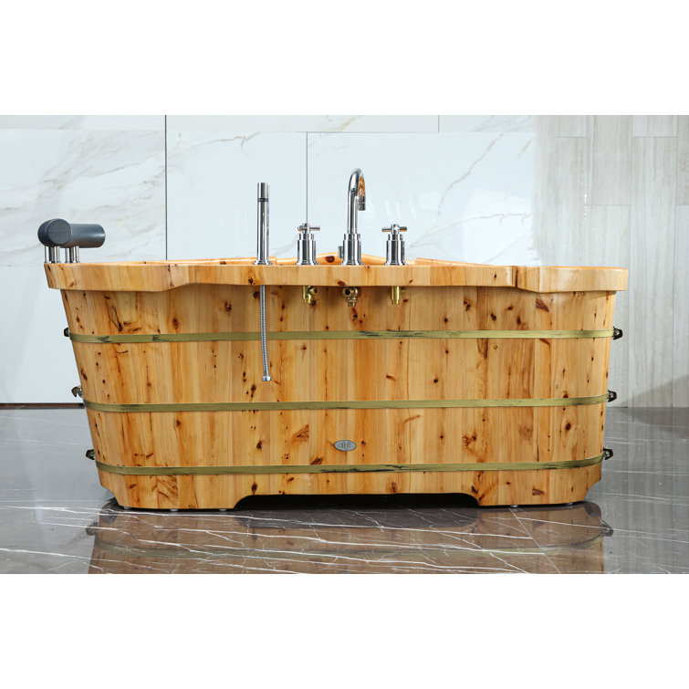 61'' Natural Cedar Freestanding Soaking Bathtub with Chrome Faucet