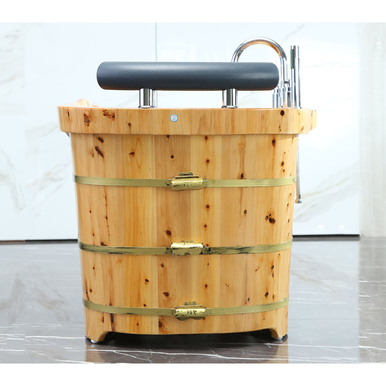 61'' Natural Cedar Freestanding Soaking Bathtub with Chrome Faucet