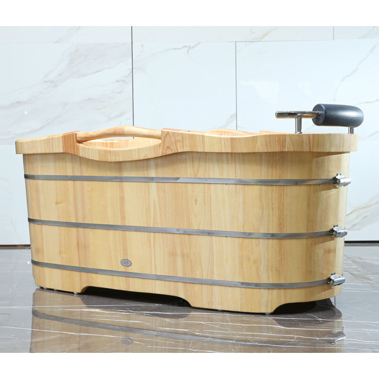 61'' Natural Oak Freestanding Soaking Bathtub with Cushion Headrest