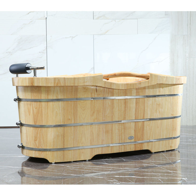 61'' Natural Oak Freestanding Soaking Bathtub with Cushion Headrest