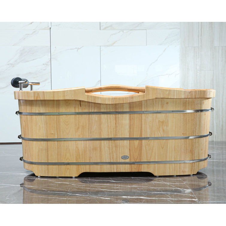 61'' Natural Oak Freestanding Soaking Bathtub with Cushion Headrest