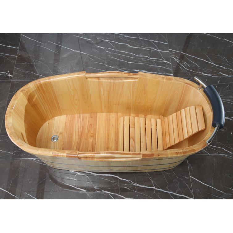 61'' Natural Oak Freestanding Soaking Bathtub with Cushion Headrest