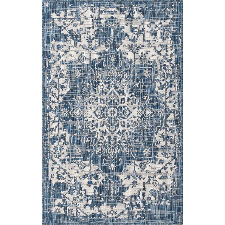 Blue Medallion Easy-Care Outdoor Rectangular Area Rug