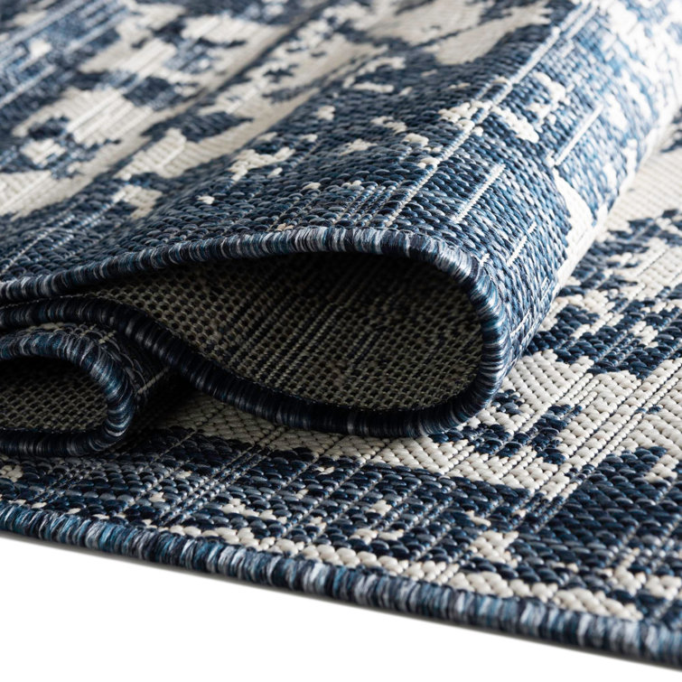 Blue Ivory Geometric Flatweave Synthetic Outdoor Rug