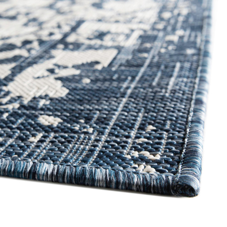 Blue Ivory Geometric Flatweave Synthetic Outdoor Rug