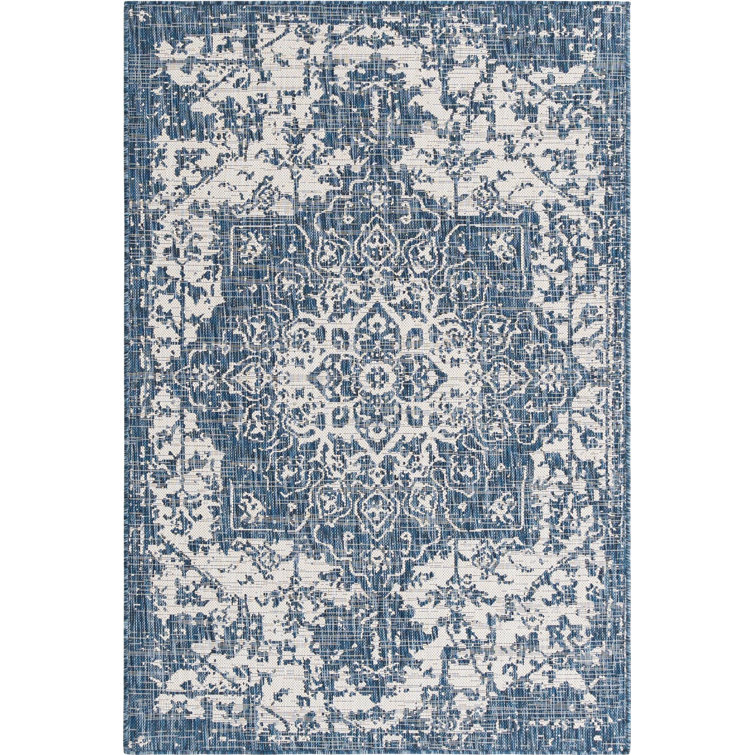 Blue and Ivory Stain-Resistant Synthetic Outdoor Rug, 4' x 6'