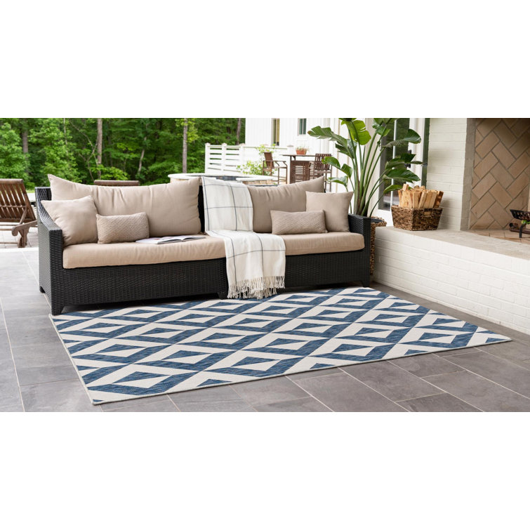 Reversible Geometric Blue Synthetic Outdoor Rug 7'1" x 10'