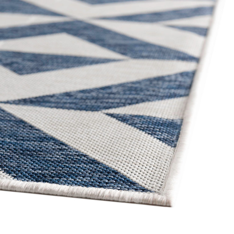 Reversible Geometric Blue Synthetic Outdoor Rug 7'1" x 10'