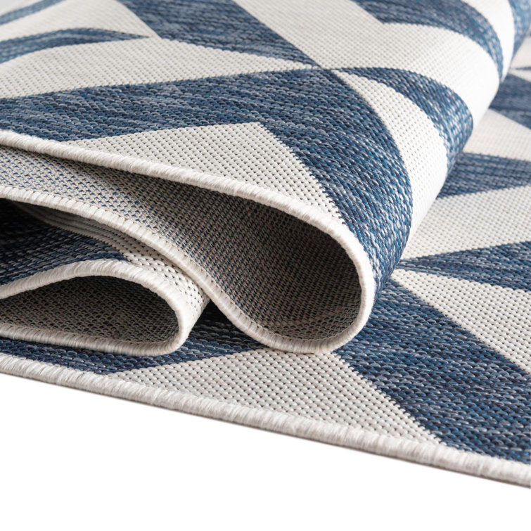 Reversible Geometric Blue Synthetic Outdoor Rug 7'1" x 10'