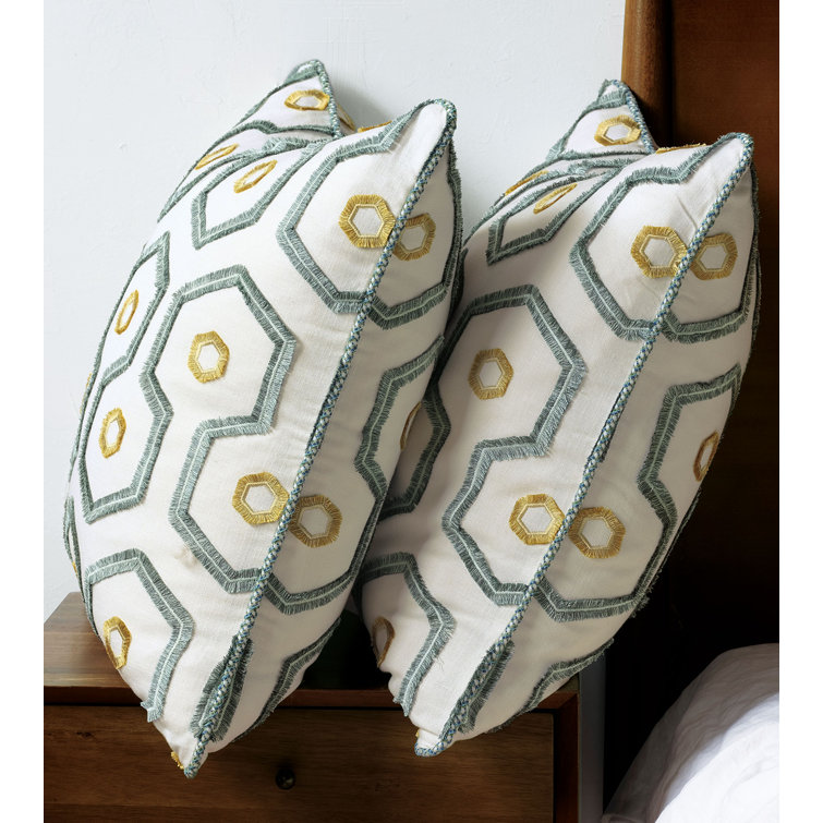 Blue and Yellow Embroidered Square Throw Pillow with Piped Edges