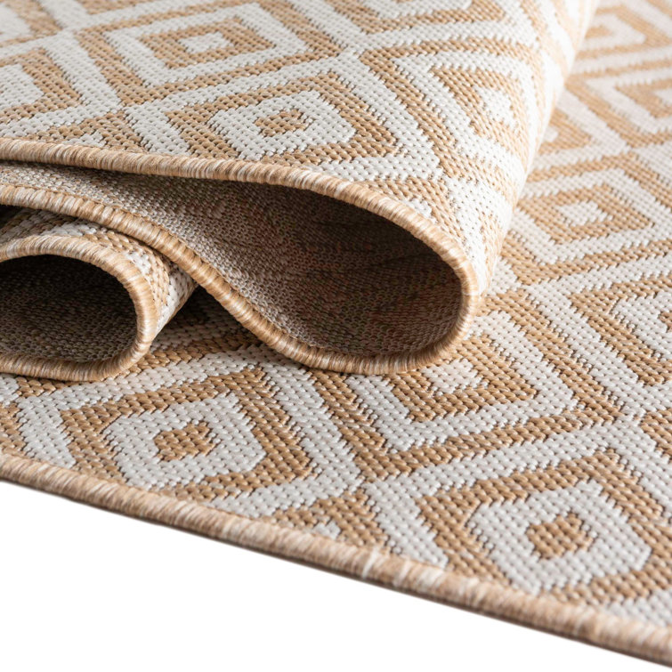 Beige Geometric 9' x 12' Easy-Care Outdoor Synthetic Rug