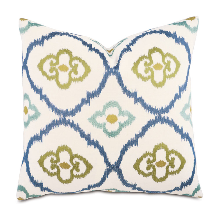 Blue and Green Ikat Embroidered Square Throw Pillow