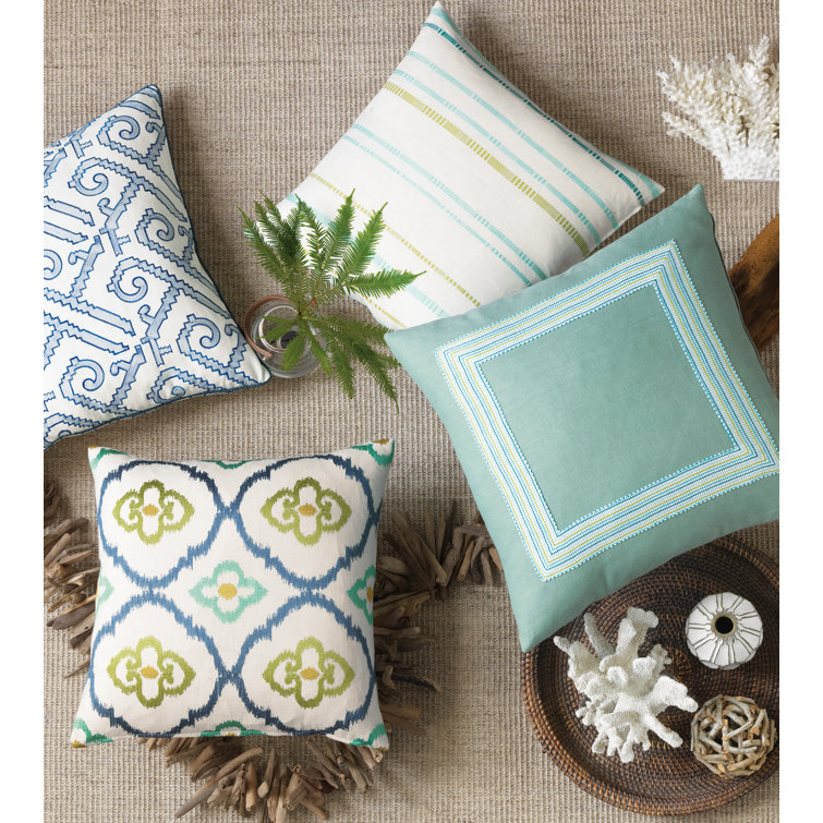 Blue and Green Ikat Embroidered Square Throw Pillow