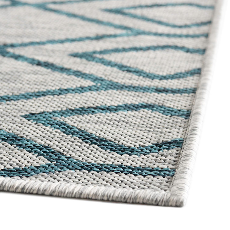 Gray and Teal Geometric Synthetic Outdoor Rug, 4' x 6'