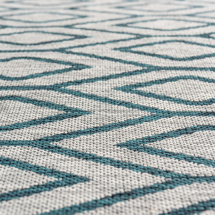 Gray and Teal Geometric Synthetic Outdoor Rug, 4' x 6'