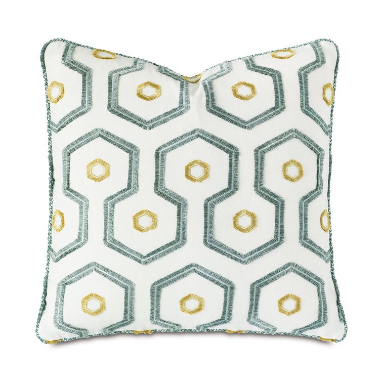 Blue and Yellow Embroidered Square Throw Pillow with Piped Edges