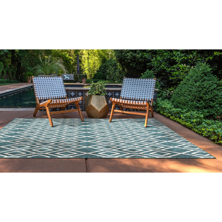 Teal Geometric Flat Woven Synthetic Outdoor Rug 4' x 6'