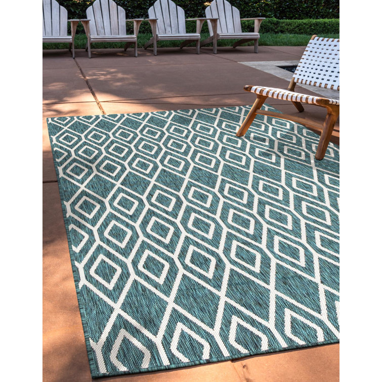 Teal Geometric Flat Woven Synthetic Outdoor Rug 4' x 6'