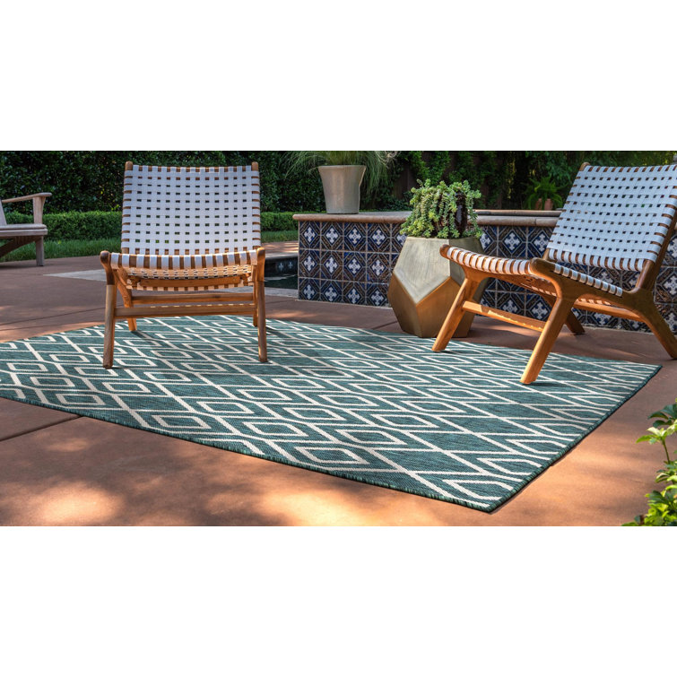 Teal Geometric Flat Woven Synthetic Outdoor Rug 4' x 6'