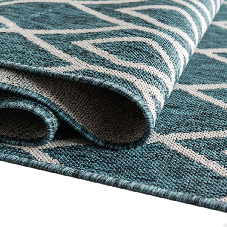 Teal Geometric Flat Woven Synthetic Outdoor Rug 4' x 6'