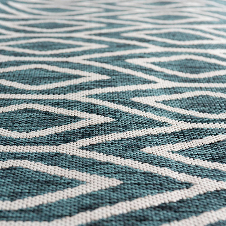 Teal Geometric Flat Woven Synthetic Outdoor Rug 4' x 6'