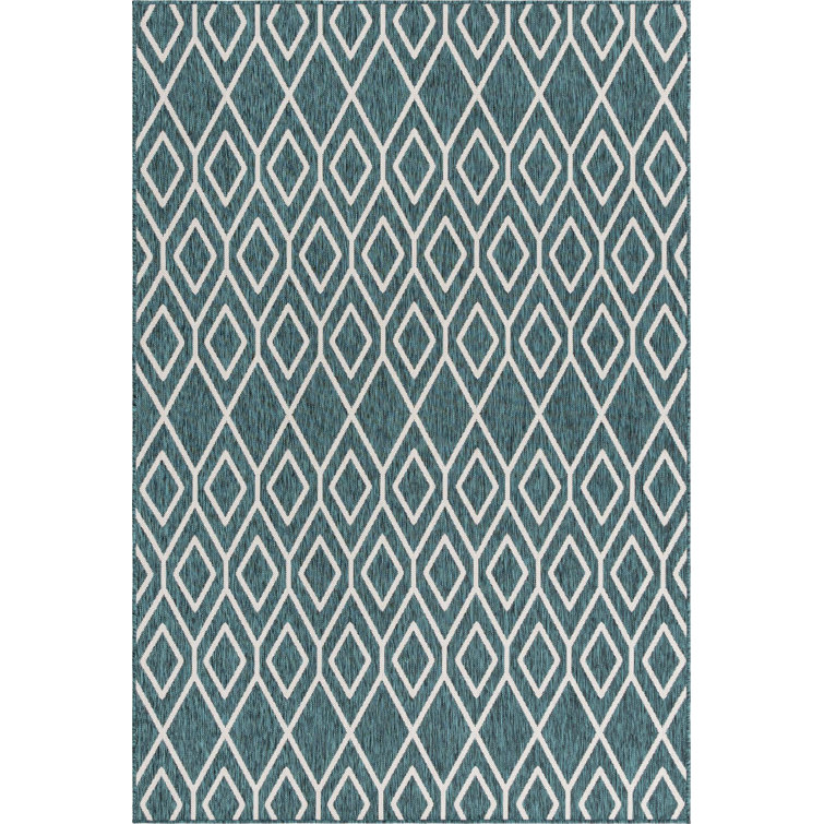 Teal Geometric Flat Woven Synthetic Outdoor Rug 4' x 6'