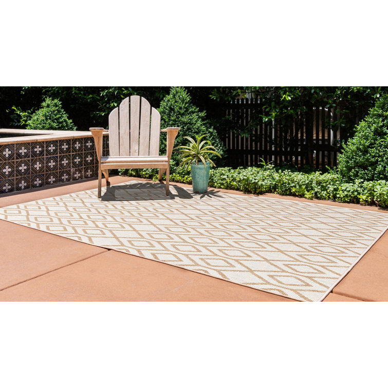 Beige and Brown Trellis Outdoor Rectangular Rug 5' x 7'