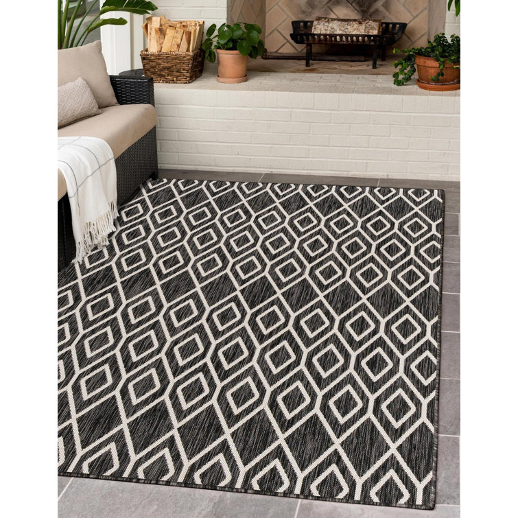 Charcoal Geometric Flat Woven Oval Outdoor Rug 8' x 10'