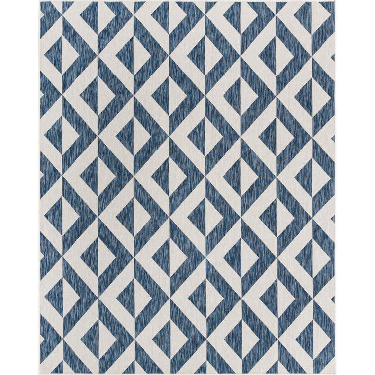 Reversible Geometric Blue Synthetic Outdoor Rug 7'1" x 10'