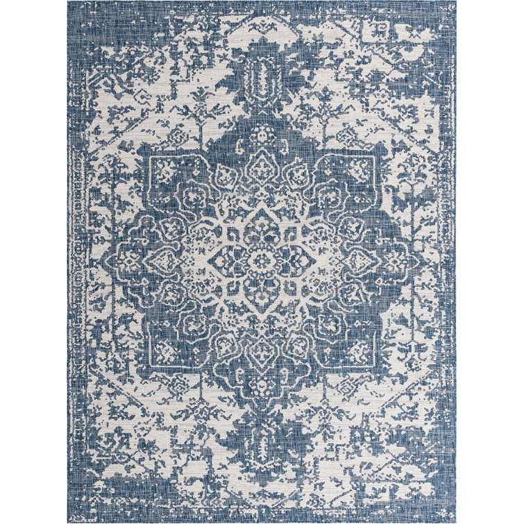 Blue Ivory Geometric Flatweave Synthetic Outdoor Rug