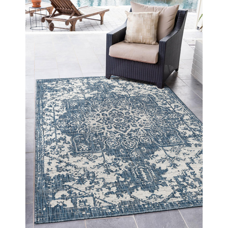 Blue Ivory Geometric Flatweave Synthetic Outdoor Rug