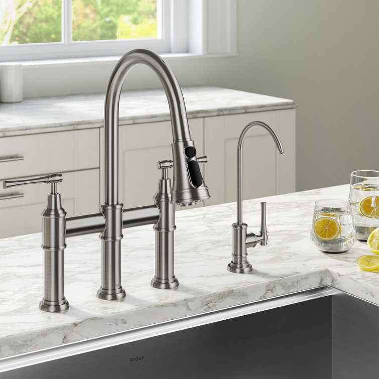 Stainless Steel Bridge Kitchen Faucet with Pull-out Spray and Filter
