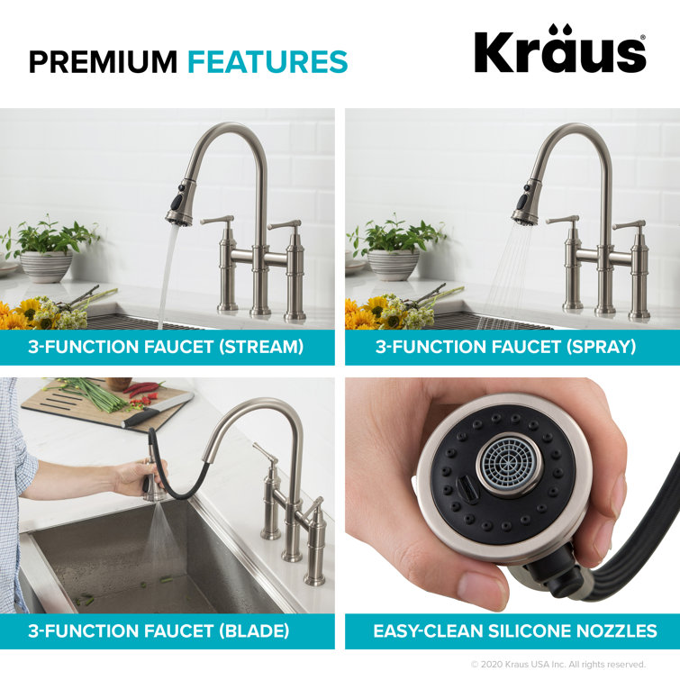 Stainless Steel Bridge Kitchen Faucet with Pull-out Spray and Filter