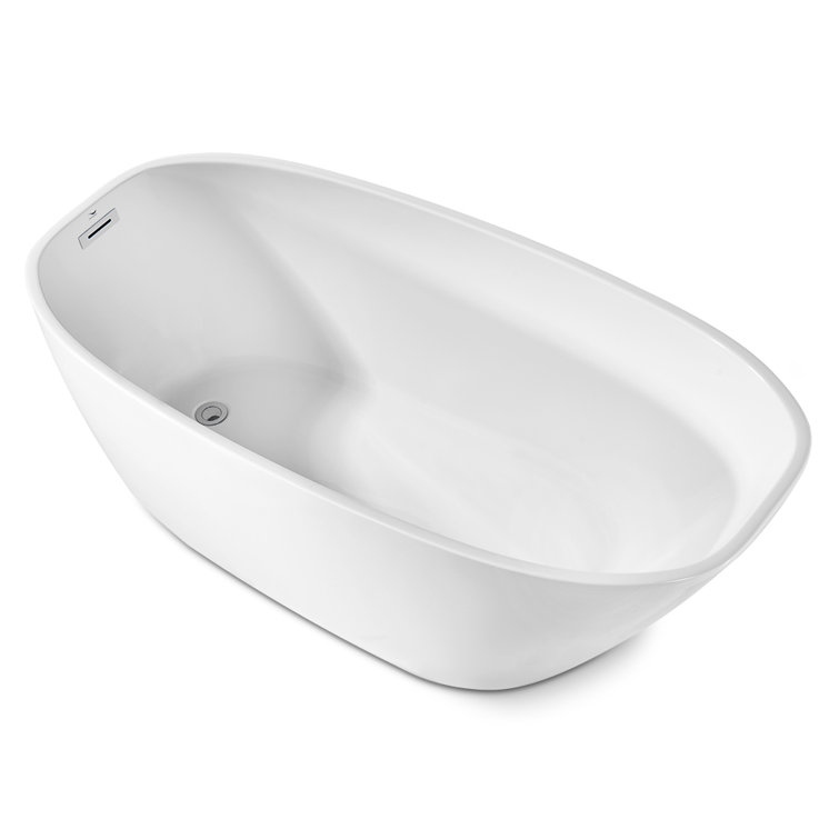 Glossy White Acrylic Oval Freestanding Bathtub with Polished Chrome Drain