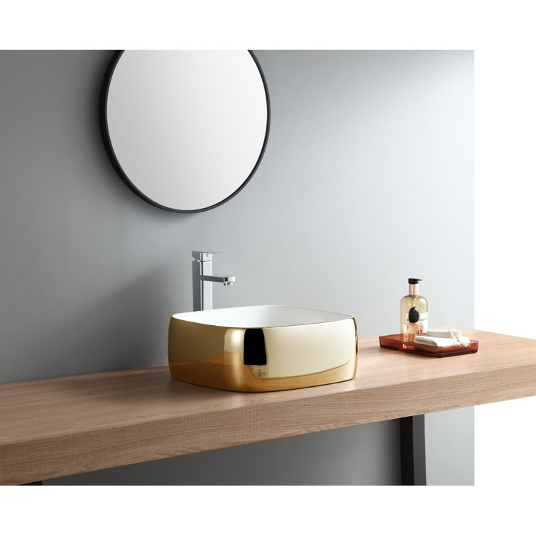 Gold and White Ceramic Square Vessel Bathroom Sink