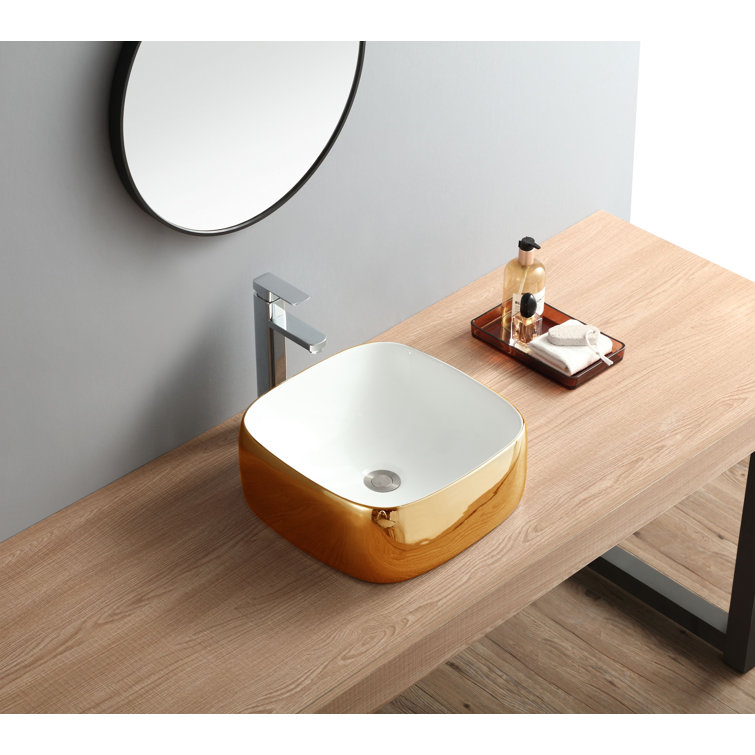 Gold and White Ceramic Square Vessel Bathroom Sink