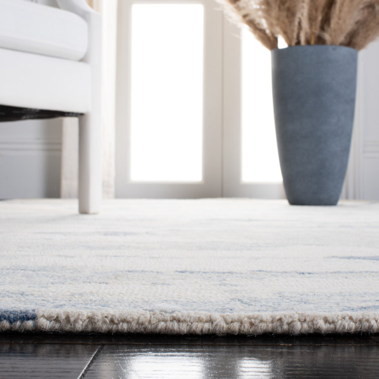Ivory and Blue Abstract Hand-Tufted Wool 8' x 10' Rug