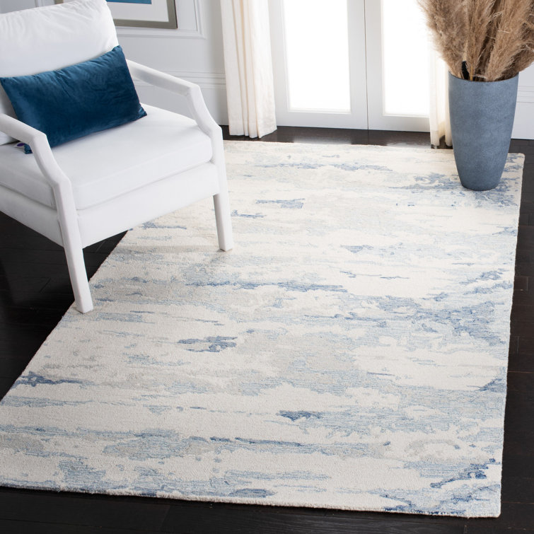 Hand Tufted Ivory and Blue Wool Runner Rug, 2'-3" x 18'