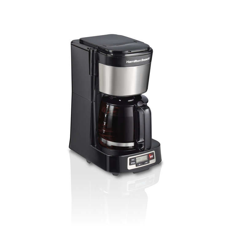 Compact Black and Stainless Steel 5-Cup Coffee Maker with Programmable Clock