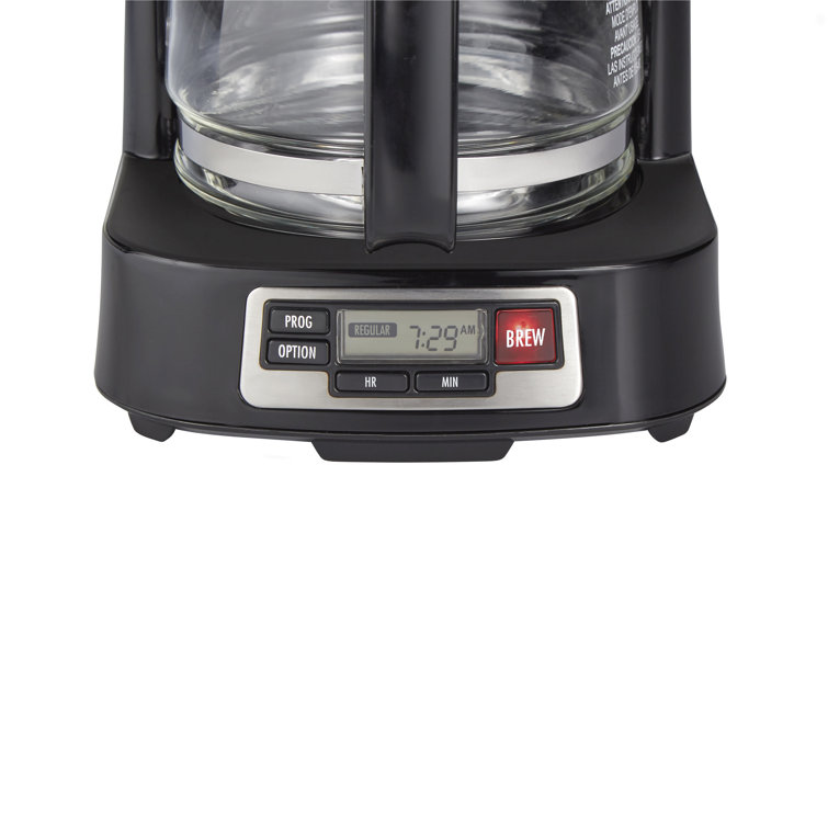 Compact Black and Stainless Steel 5-Cup Coffee Maker with Programmable Clock