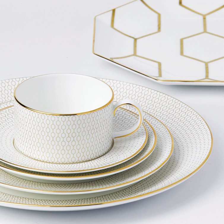 Gio Gold Glossy White Porcelain 5-Piece Dinner Set