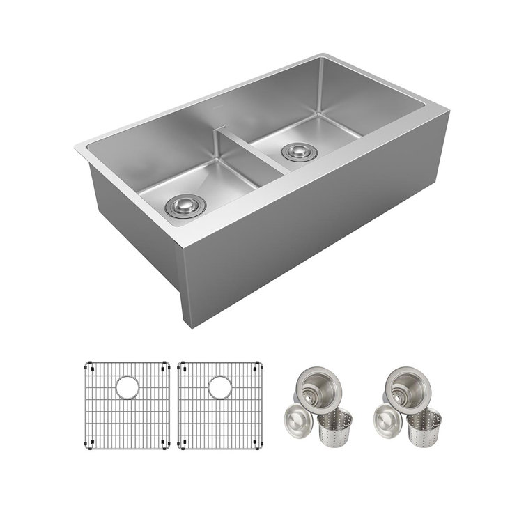 36" Stainless Steel Double Bowl Farmhouse Kitchen Sink with Drainboard