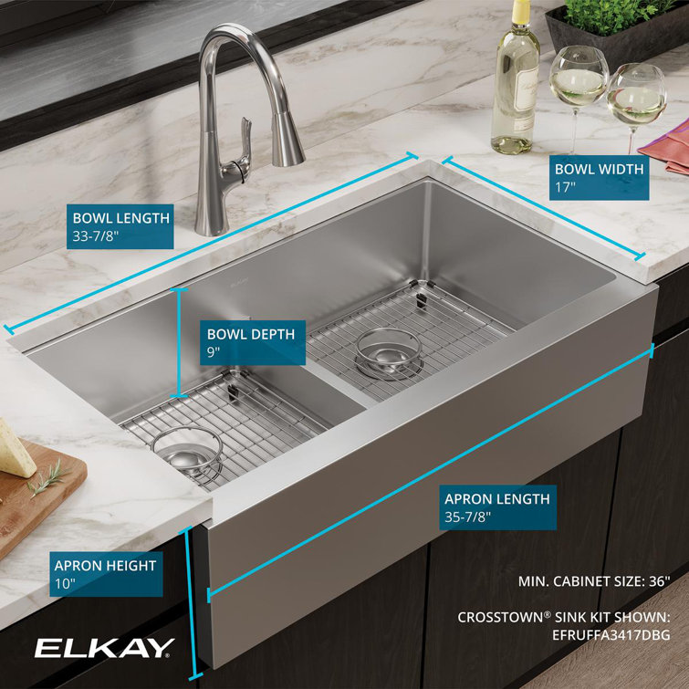 36" Stainless Steel Double Bowl Farmhouse Kitchen Sink with Drainboard