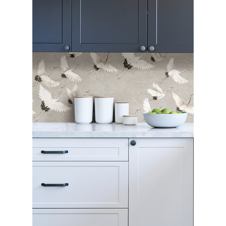 Grey and White Crane Vinyl Peel & Stick Wallpaper
